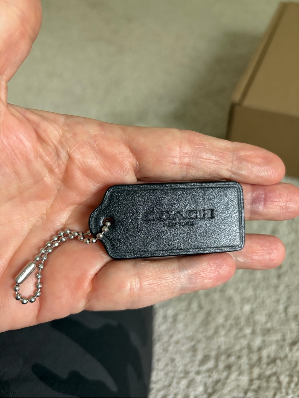 Coach Black Leather Hangtag with Coach Silver ball Chain